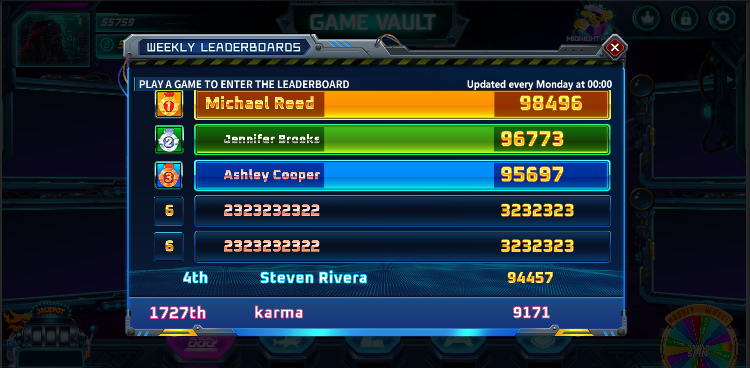 Game Vault weekly leaderboard panel showing ranked players and scores in the brand's own theme