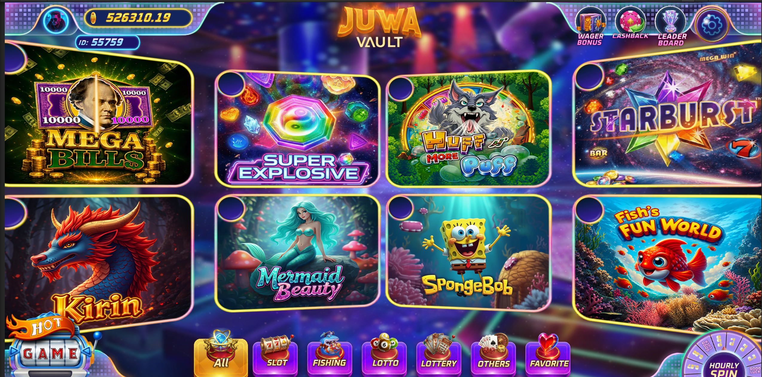 JUWA Vault main menu lobby showing slot and fishing game thumbnails, player balance, and a category navigation bar
