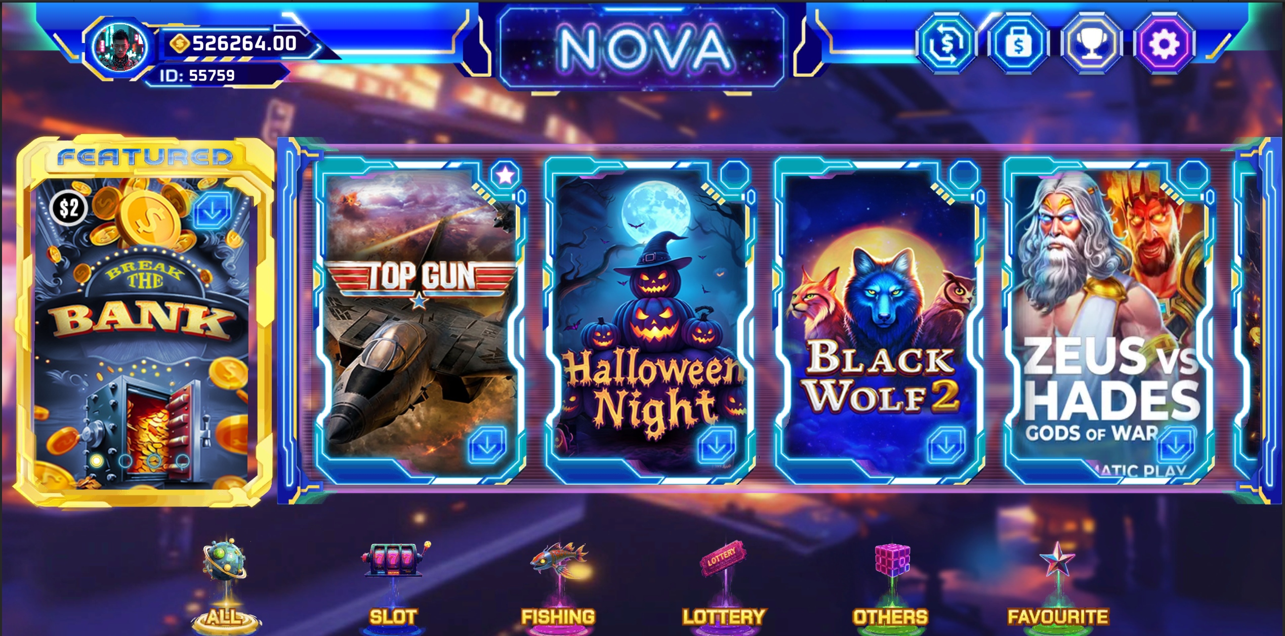 Nova main menu lobby showing slot game thumbnails, player balance, and a category navigation bar